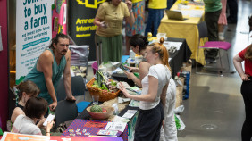 Stall holders discussing sustainability 