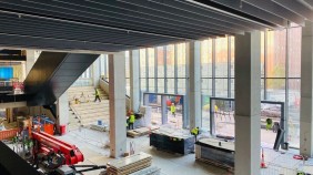 Materials delivered into the new Atrium of Science and Engineering for completing interior works 
